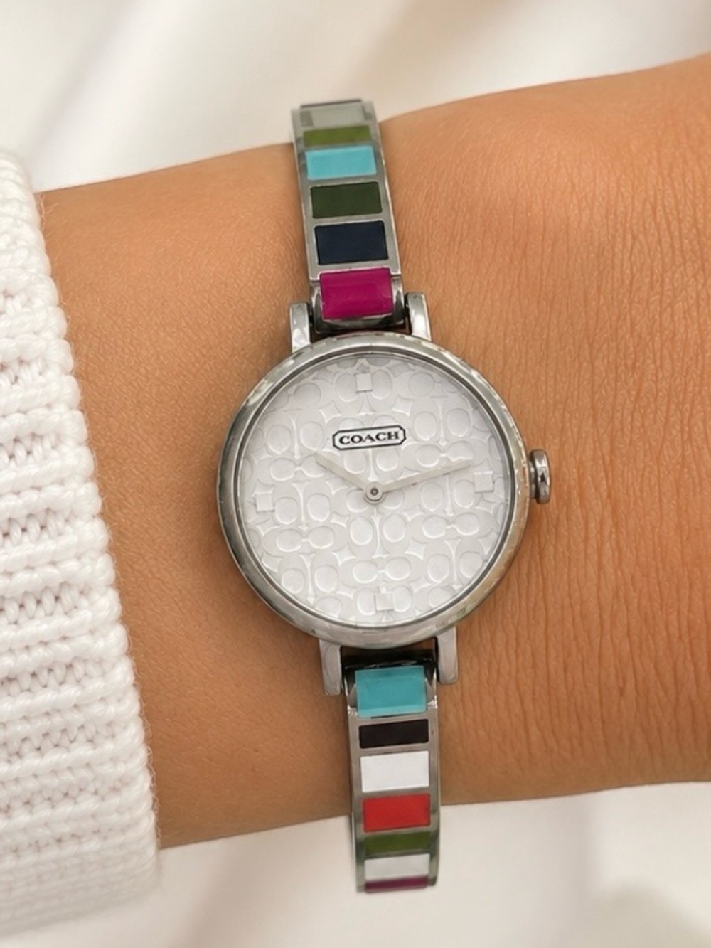 Coach Womens Signature C Watch Multicolor Y2K Enamel Bracelet Silver Tone Quartz